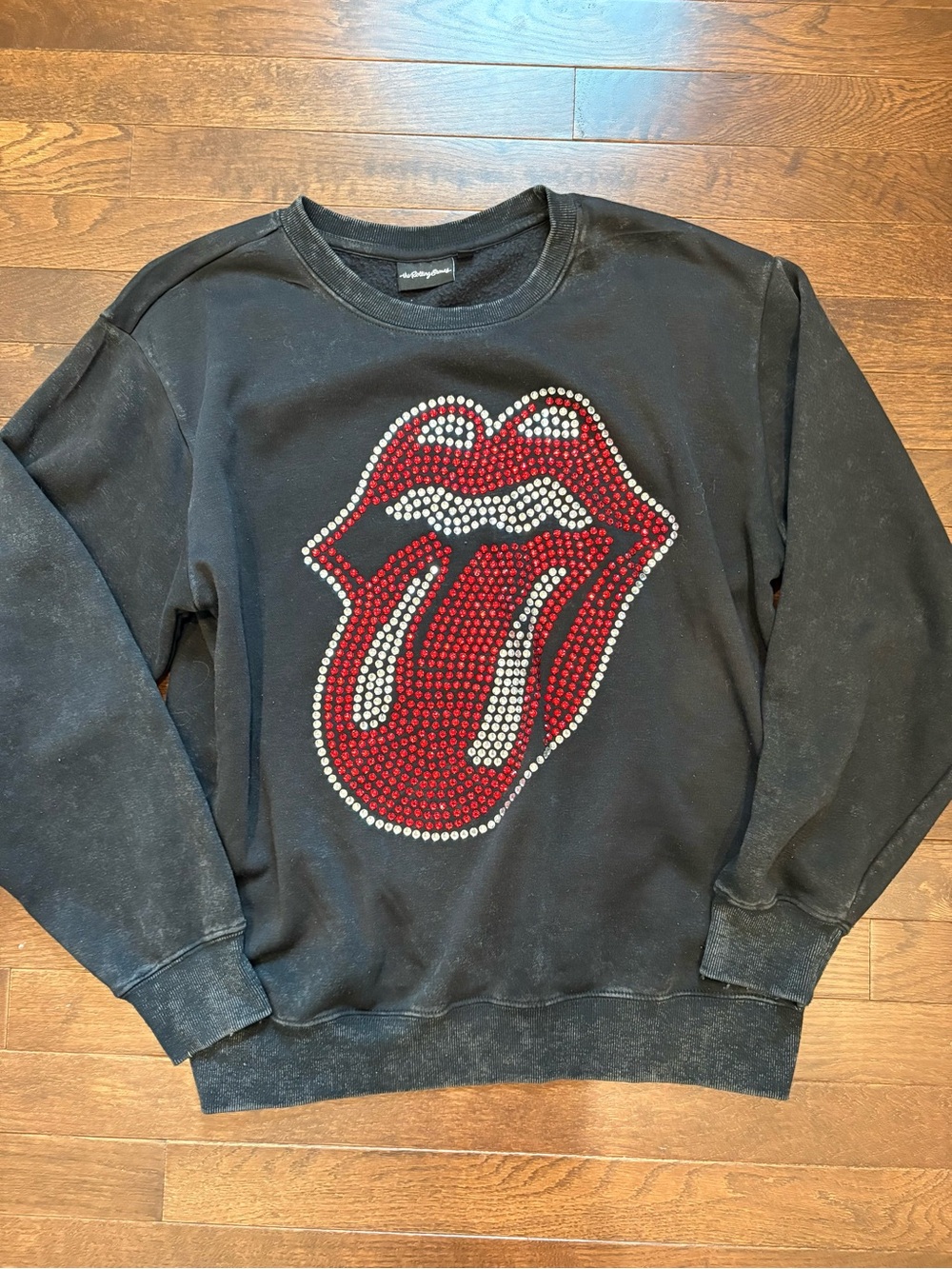 The Rolling Stones Rhinestone Tongue Official Sweatshirt Black Mineral Wash M